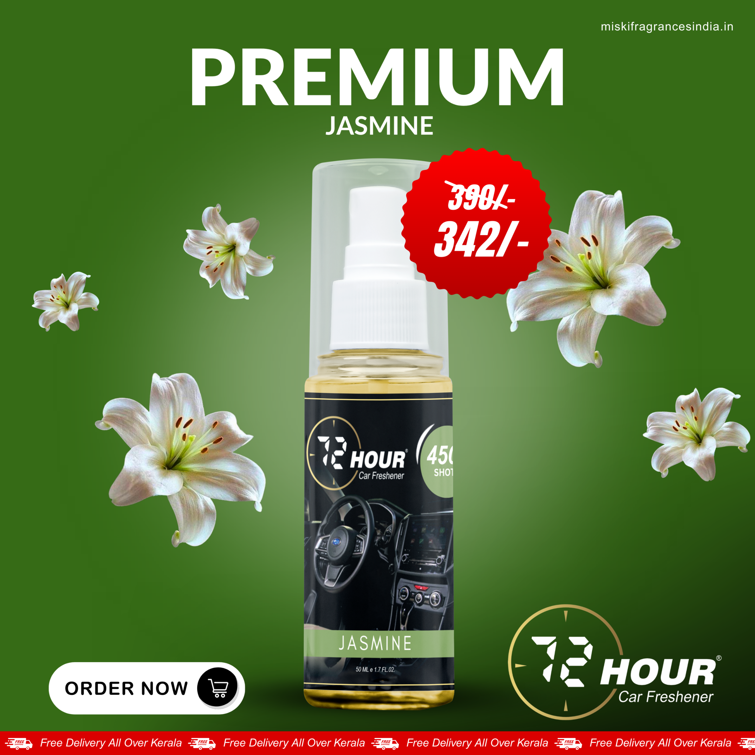 72Hour™ JASMINE Car Perfume 50ml Limited Offer (Multipurpose)